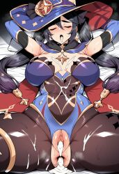 1girl after_anal after_sex after_vaginal ai_generated alternate_breast_size anus armpits arms_behind_head arms_up ass bed_sheet black_gloves black_hair blue_cape blue_capelet blue_headwear blue_leotard blush bodystocking breasts breasts_apart brown_pantyhose cape capelet clitoral_hood clitoris closed_eyes clothing covered_navel crotch cum cum_in_ass cum_in_mouth cum_in_pussy cum_on_body cum_on_breasts cum_on_clothes cum_on_tongue cumdrip detached_sleeves earrings elbow_gloves female female_only fur-trimmed_capelet fur_collar fur_trim gaping genshin_impact gloves gold_trim hair_between_eyes hat hat_ornament headwear highleg highleg_leotard jewelry large_breasts leotard long_hair lying mona_(genshin_impact) nakadashi novart01 on_back open_mouth pantyhose pillow pussy semen solo sparkle_print spread_legs star_choker star_earrings sweat thighlet thighs tongue tongue_out torn_clothes torn_pantyhose twintails vagina witch_hat
