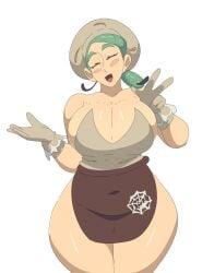 2025 apron big_thighs blushing cleavage closed_eyes curvy_female curvy_figure female female_only gloves gym_leader huge_breasts katy_(pokemon) leedraw11 plain_background pokemon pokemon_scarlet_&_violet pokemon_sv shiny_skin tight_clothing voluptuous_female wide_hips wide_thighs