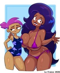 2girls alternate_version_available areola_slip areolae big_breasts bikini bikini_bottom bikini_top black_eyes black_lips black_lipstick blue_swimsuit bottomwear breasts cleavage dark-skinned_female dark_blue_hair daughter enid fangs female female_only hair half-closed_eyes hand_on_hip hand_on_shoulder hips huge_breasts lips lipstick lo_franco long_hair mature mature_female mature_woman milf mother mother_and_daughter ok_k.o.!_let's_be_heroes one-piece_swimsuit pink_hair purple_bikini red_eyes small_breasts swimsuit swimwear thighs tied_hair topwear vampire vampire_girl wide_hips wilhamena