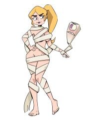 1girls artist_request barefoot blonde_hair blush cleavage feet female female_only fold_(gameoverse) gameoverse glitch_productions miss_information_(gameoverse) naked navel nude nude_female paper ponytail purple_lipstick wrapped wrappings