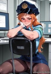 1girl 2026 ai_generated anime belt black_pantyhose blue_shirt blue_skirt blush breasts brown_eyes chair cleavage closed_mouth crossover desk eye_contact female female_focus female_only flushed gloves handwear hat highres indoors inside long_hair looking_at_viewer miniskirt nami_(one_piece) necktie neutral_expression nsfw office office_chair one_piece orange_eyes orange_hair panties panties_under_pantyhose pantyhose pantyshot patreon pencil_skirt police police_hat police_uniform policewoman rognezart shirt short_sleeves sitting sitting_backwards skirt smile smiling solo thick_thighs thighs underwear uniform very_long_hair white_gloves