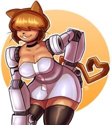artist_request big_breasts brown_hair cat_ears cat_tail cleavage cleavage_overflow crouching curvy curvy_female dress gameoverse hand_on_hip kitty_milf milf mother robot robotic_arm short_hair stockings thick_thighs tina_(gameoverse) wide_hips
