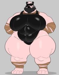 anthro bandage bear beard belly big_breasts blindfold breasts clothing curvy_figure eye_patch eyewear facial_hair feet giant_panda glistening glistening_clothing hands_behind_back hi_res huge_breasts huge_moobs intersex konami leotard male mammal metal_gear milkblend mustache navel_outline overweight overweight_male pom_(milkblend) solo standing thick_thighs