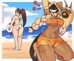 2girls arc_system_works beach beach_ball bikini blazblue cat cat_ears catgirl dark-skinned_female dark_skin fecharis female hachikxma hoodie kaka_(blazblue) litchi_faye_ling mask masked masked_female red_eyes sharp_teeth taokaka