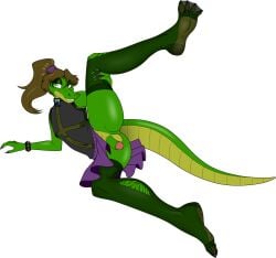 alligator alligatorid anthro armband bottomwear clothing collar colored_nails crocodilian digit_ring eyelashes eyeshadow feet femboy genitals green_eyes hair hi_res jewelry legwear looking_at_viewer madkrayzydave makeup male nails navel penis ponytail pose raised_leg reptile ring scalie skirt small_penis solo stockings toe_ring toes topwear torn_clothing torn_legwear torn_stockings