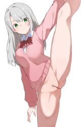 1girl 1girls arm_at_side big_breasts blush bottomless bow bowtie busty closed_mouth collared_shirt commentary_request expressionless female_pubic_hair flexible green_eyes grey_hair highres large_breasts long_hair long_sleeves looking_at_viewer original parted_bangs pink_sweater pubic_hair pussy red_bow red_bowtie school_uniform shirt simple_background solo soyo1558686 split standing standing_on_one_leg standing_split straight_hair sweater uncensored v-neck voluptuous white_background white_shirt