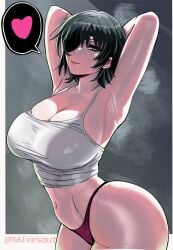 1girls alternate_version_available arms_behind_head artist_name big_breasts bottomwear breasts camisole chainsaw_man dark_green_hair eyepatch eyewear female female_only green_eyes hair heart himeno_(chainsaw_man) hips huge_breasts naivesout one_eye_obstructed purple_thong short_hair solo solo_female speech_bubble spoken_heart steam steamy thong topwear underwear white_camisole
