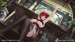animated asymmetrical_legwear audible_speech azur_lane black_horns black_pantyhose black_thighhighs bouncing_breasts breasts character_name china_dress chinese_clothes commentary_request crossed_legs curled_horns demon_horns dragon_print dress feet female highres hindenburg_(azur_lane) hindenburg_(dancer_of_the_deep_chamber)_(azur_lane) horns huge_breasts indoors japanese_audio long_hair looking_at_viewer official_alternate_costume official_art pantyhose pelvic_curtain pointy_ears print_dress red_eyes red_hair skindentation sound spread_legs squatting tagme thighhighs thighs underboob uneven_legwear very_long_hair video
