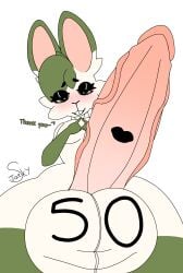 absurd_res anthro balls big_balls big_penis eyeshadow genital_focus genitals green_body green_eyes green_hair hair hi_res huge_balls huge_penis jaeskyyward kiss_mark lagomorph leporid makeup male mammal milestone_celebration penis penis_focus rabbit solo