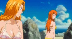 2girls animated beach bikini bleach blue_eyes breasts cleavage day fat_breasts flat_belly gif huge_breasts inoue_orihime jiggling_breasts long_hair matsumoto_rangiku multiple_girls ocean official_art orange_hair screencap sky swimsuit third-party_edit