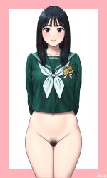 1girl arms_at_sides arms_behind_back black_hair border bottomless choppy_bangs closed_mouth commentary_request cowboy_shot crop_top cropped_shirt female_pubic_hair green_sailor_collar green_skirt highres long_hair midriff navel neckerchief original outside_border pink_border pubic_hair purple_eyes sailor_collar sailor_shirt school_uniform shirt simple_background skirt smile solo standing straight-on straight_hair white_background white_neckerchief wide_hips yurashima