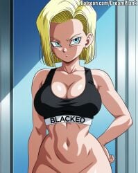 1girls ai_assisted ai_generated android_18 blacked blacked_clothing blonde_hair blue_eyes bottomless breasts cleavage dragon_ball dragon_ball_z dreamplank earrings edit grok hands_on_hips large_breasts looking_at_viewer nopan posing short_hair solo solo_female sports_bra toned toned_body toned_female