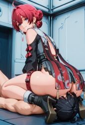 ai_generated wuthering_waves danjin_(wuthering_waves) ass ass_focus facesitting femdom dominant_female submissive_male male_rover_(wuthering_waves) red_hair blue_eyes high_heels chinese_clothes ahoge hairbun ass_worship thigh_belt cunnilingus