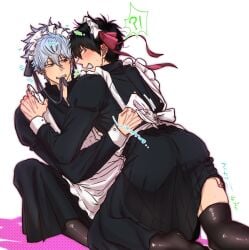 gintama gintoki_sakata hijikata_toshiro male male_only gay yaoi 2boys fully_clothed maid blush maid_uniform maid_headdress alternate_costume masculine_crossdresser crossdressing thighhighs black_legwear black_thighhighs black_hair white_hair looking_back embarrassed ass apron zettai_ryouiki big_ass kneeling sweatdrop kinomi69