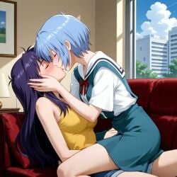 2girls age_difference ai_generated animated big_breasts blue-haired_female blue_hair blush closed_eyes cowgirl_position female female/female female_only kissing lesbian_kiss making_out misato_katsuragi multiple_girls music neon_genesis_evangelion purple-haired_female purple_hair rei_ayanami school_uniform short-haired_female short_hair small_breasts teenage_girl teenager video yuri