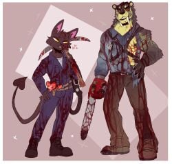 anthro big_fangs black_nose blood blue_clothing blue_overalls bodily_fluids brown_body brown_fur chainsaw chainsaw_arm clothed clothing duo excessive_blood fangs felid front_view fur glistening glistening_eyes green_body green_fur grey_body grey_fur grin hi_res holding_pickaxe imperatorcaesar looking_aside male male_anthro mammal muscular muscular_anthro muscular_male narrowed_eyes overalls power_tool slim_anthro slim_male smile spade_tail standing tail teeth tools yellow_eyes