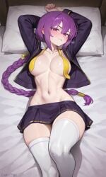1girls ai_generated blush braid breath covered_nipples curvy_figure eltnum gyhmm jacket knee_up large_breasts laying_down laying_on_bed looking_at_viewer melty_blood narrow_waist navel open_jacket purple_eyes purple_hair sexy sexy_pose single_braid sion_eltnam_atlasia skinny skirt slim_waist solo thick_thighs thighs tie under_night_in-birth untied_tie