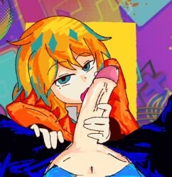 2boys blonde_hair blowjob blue_eyes ego_renegade_boy_(flavor_foley) electric_weekend_zone_(flavor_foley) fellatio flavor_foley hoodie kagamine_len kaito_(vocaloid) licking licking_penis looking_at_viewer mole mole_under_eye mv_character open_pants penis penis_out ponytail precum precum_drip rndmpornart saliva shirt tie tongue transgender transmasc vocaloid