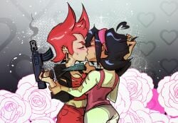 2girls alternate_version_available angry angry_kiss black_hair blush blush_lines blushing breasts cassandra_(newgrounds) clothed commission commissioner_upload female female_focus female_only firearm gun hairband kiss kiss_on_lips kissing knife knife_to_throat lesbian lesbian_kiss mkmaffo nene_(newgrounds) newgrounds no_sex no_sex_(yet) pink_hairband pubes pulling_hair red_hair red_pubes red_pubic_hair ripped_clothes smoking_barrel struggling yuri