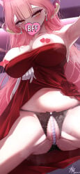 1girl absurdres aru_(blue_archive) aru_(dress)_(blue_archive) bare_shoulders black_panties blue_archive blush breasts cellphone cleavage commentary_request dated demon_girl demon_horns dress dress_flower earrings elbow_gloves flower gloves halo high_heels highres holding holding_phone horns indoors jewelry large_breasts long_hair looking_at_viewer necklace official_alternate_costume orange_eyes orange_halo panties panties_around_one_ankle panties_around_one_leg panty_pull pearl_thong phone pink_hair pussy_juice pussy_juice_trail red_dress red_flower red_rose rose selfie signature smartphone solo standing standing_on_one_leg strapless strapless_dress thighs underwear white_gloves z_shitei_ero