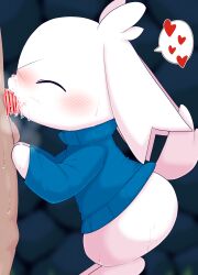 2026 absurd_res ambiguous_gender balls blue_clothing blue_sweater blue_topwear blush blush_lines bodily_fluids cave_story censor_bar censored censored_genitalia censored_penis clothing cum cum_in_mouth cum_inside duo eyes_closed fellatio female_(lore) fur genital_fluids genitals heart_symbol hi_res human kajiura lagomorph male mammal mimiga oral penile penis semi-anthro sex sue_sakamoto sweat sweatdrop sweater tail tongue tongue_out topwear white_body white_ears white_fur white_tail