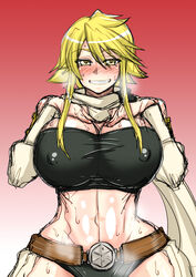 akame_ga_kill! black_panties blonde_hair blush breasts cleavage curvy erect_nipples female female_only gradient gradient_background grin huge_breasts leone_(akame_ga_kill!) looking_at_viewer midriff navel panties smile solo sweat syonnaka thighhighs thighs tubetop underwear wide_hips yellow_eyes