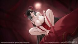 animated azur_lane bare_shoulders barefoot black_hair blush breasts cleavage collarbone commentary copyright_notice dress dutch_angle earrings english_commentary female friedrich_der_grosse_(azur_lane) friedrich_der_grosse_(boudoir's_lingering_flame)_(azur_lane) hair_over_one_eye half-closed_eyes heavy_breathing highres holding holding_leash horns huge_breasts indoors jewelry leash long_hair looking_at_viewer looping_animation mechanical_horns official_alternate_costume official_art on_bed open_mouth parted_lips pov red_horns smile squatting tagme thighs very_long_hair video viewer_on_leash yellow_eyes
