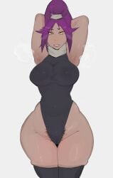 1girls 2d 2d_(artwork) bleach boobs dark_skin dark_skinned_female female female_only hairy hairy_armpits hairy_pussy pielodd purple_hair shihouin_yoruichi source sweaty tits yellow_eyes yoruichi_shihouin