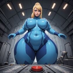 mature_figure samus_aran mini_giantess light-skinned_female skin_tight bodysuit pov ai_generated perchance_ai blonde_hair blue_eyes button hangar sci-fi ponytail thick_thighs big_breasts nipples
