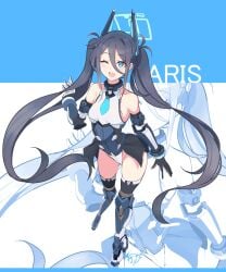 female female_only 1girls revolverwingstudios blue_archive aris_(armed)_(blue_archive) aris_(blue_archive) absurdres highres 1girl :d ;d armpit_crease artist_logo ass_visible_through_thighs bare_shoulders black_hair black_thighhighs blue_background blue_boots blue_eyes blue_halo boots breasts character_name collarbone full_body gloves hair_between_eyes halo hand_up high_heel_boots high_heels horns leotard logo long_hair one_eye_closed open_mouth small_breasts smile solo thighhighs thighs twintails very_long_hair white_background zoom_layer