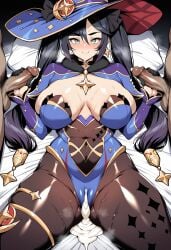 ai_generated novart01 1girl clothing female genshin_impact male mona_(genshin_impact) cum mmf_threesome multiple_boys semen threesome 2boys penis breasts handjob group_sex on_back witch_hat twintails long_hair hat large_breasts black_gloves hetero double_handjob gloves headwear lying smile black_hair blush bodystocking solo_focus gloved_handjob leotard thighs blue_headwear covered_navel looking_at_viewer blue_leotard cumdrip jewelry highleg_leotard thighlet earrings cum_in_pussy cum_pool erection highleg pantyhose spread_legs pillow green_eyes alternate_breast_size choker star_earrings sweat closed_mouth hat_ornament clothed_female_nude_male dark-skinned_male dark_skin after_sex nude brown_pantyhose cameltoe long_sleeves fur_collar star_(symbol) after_vaginal fur_trim interracial thick_thighs cum_on_clothes hair_ornament clothed_sex