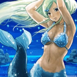1girls armpits arms_up bad_id bad_pixiv_id bikini blonde_hair blue_bikini breasts brown_eyes daichan_mona female_focus frown hair_ornament hairpin lace lace-trimmed_bikini lace_trim large_breasts lips long_hair mermaid monster_girl night ocean original outdoors polka_dot polka_dot_bikini polka_dot_swimsuit scales solo sparkle swimsuit tail underwater water wet wind