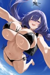 mogador_(diving_for_desire)_(azur_lane) mogador_(azur_lane) azur_lane 1girl :d aircraft airplane bag bangs bare_shoulders barefoot bikini black_bikini blue_hair blue_sky blush breasts cleavage day eyebrows_visible_through_hair from_below front-tie_bikini front-tie_top huge_breasts long_hair looking_at_viewer micro_bikini navel open_mouth original outdoors outstretched_arms purple_eyes purple_hair side-tie_bikini skindentation sky smile solo stomach string_bikini sweat swimsuit twintails underboob very_long_hair wet