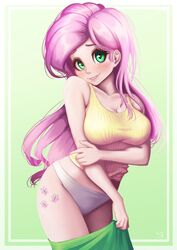 1girls big_breasts blush cleavage cutie_mark equestria_girls female female_focus fluttershy fluttershy_(eg) green_eyes green_skirt hasbro light-skinned_female light_skin long_hair looking_at_viewer lowres my_little_pony panties pink_hair simple_background skirt_pull smile smiling smiling_at_viewer standing tank_top the-park white_panties yellow_tank_top