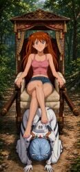 2girls ai_generated asuka_langley_sohryu barefoot blue_eyes cheerful clothed confidence confident confident_female disrespect dominant_girl feet female femdom fetish foot_fetish foot_focus foot_stool footrest footstool hair_between_eyes hair_ornament happy happy_female happy_girl headwear humiliated humiliation interface_headset legs long_hair looking_at_viewer mocking neon_genesis_evangelion orange_hair plugsuit pov_feet presenting presenting_feet rei_ayanami relaxing resting sitting smile smiling smiling_at_viewer smug smug_face smug_smile solo stepped_on stepping_on_female teenage_female teenager tsundere winner tank_top shorts short_shorts denim_shorts pink_tank_top navel bare_legs ass human_furniture human_footstool public_humiliation throne sitting_on_throne pink_toenails sexy_pose sexy_feet short_hair blue_hair slave_girl slave slavegirl white_bodysuit palanquin loser_submits crossed_legs toes toenails toenail_polish bdsm dominant feet_on_back bare_shoulders smiling_female sexy_girl teenage_girl