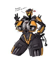 alien alien_girl battletrap belly_button big_breasts breasts_bigger_than_head cleavage english_text genderswap hand_on_hip heart_symbol huge_breasts mature_female navel peace_sign robot robot_girl solo_female thick_thighs transformers transformers_rise_of_the_beasts wide_hips