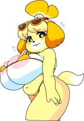 1girl animal_crossing anthro ass_focus bikini bikini_bottom blush breasts dog_ears dog_girl dog_tail dream-cassette edit embarrassed furry hair_ornament highres huge_ass inflatable_ring isabelle_(animal_crossing) large_breasts looking_back nipples pink_nipples ponytail pool_toy shiny_skin side_view solo string_bikini sunglasses sunglasses_on_head sweat sweatdrop thick_thighs transparent_background twintails wide_hips yellow_bikini yellow_fur