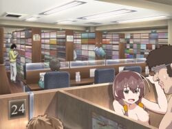1boy 1girls anime_coloring blush bookshelf brown_eyes brown_hair censored cubicle eri_(mayoineko_o_tomeyou) exhibitionism fat_male fat_man female game_asset glasses hair_between_eyes hair_over_shoulder hetero implied_sex indoors internet_cafe long_hair low_twintails male mayoineko_o_tomeyou nighthawk nipples non-web_source nude official_art open_mouth people public_indecency public_nudity raised_inner_eyebrows self-datamine sex short_hair sideburns sidelocks smile sweat torogao twintails ugly_bastard visual_novel_cg wide_shot