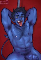 abs armpit_fetish armpit_hair bara big_breasts blue blue_body bluntskeleton_(artist) foreskin gay hairy_male male male_only muscular nipple_piercing painting pecs pole pole_dancing raziel_(bluntskeleton) solo tongue_out uncircumcised uncut