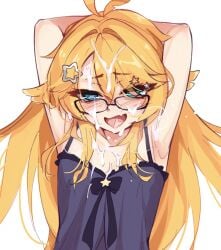 1girls after_cumshot ahoge armpits arms_above_head arms_behind_head arms_up blonde_hair blush blushing_at_viewer breasts clothed clothed_female cum_in_hair cum_on_face cyan_eyes dokibird dokibird_(bounty_hunter) eyebrows eyebrows_visible_through_hair facial facial_cumshot glasses hair_between_eyes hair_intakes hair_vents hands_behind_head heart_eyes indie_virtual_youtuber light-skinned_female light_skin long_hair looking_at_viewer mouth_open negligee petite petite_female ribbon ricegnat samll_breasts sleepwear solo solo_focus tongue white_background
