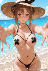 reisalin_stout atelier_ryza atelier_(series) ai_generated kermixx 1girl solo breasts looking_at_viewer blush smile bangs large_breasts brown_hair hat navel brown_eyes jewelry closed_mouth collarbone swimsuit sidelocks bikini cowboy_shot earrings outdoors sky day cloud water hair_bun blue_sky wet double_bun black_bikini ocean beach outstretched_arms web_address o-ring sun_hat straw_hat pasties