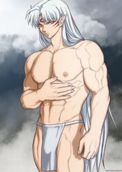 1boy abs crotch inuyasha long_hair male male_focus male_only muscle pecs sesshoumaru silver_hair solo topless