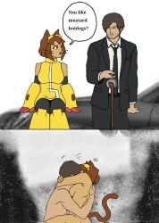 1boy 1girls are_you_a_virgin?_(meme) bra cat_ears cat_tail catgirl crossover eastern_and_western_character english_text female gameoverse hairy_pussy hero kit_(gameoverse) latina leon_scott_kennedy male male/female meme nerdy_female resident_evil sex straight straight_sex suit suit_and_tie superhero