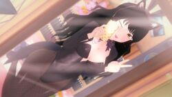 1girls black_hair blake_belladonna cleavage fishnet_legwear half-dressed half_naked half_naked_female logang45 pose posing rwby solo_female