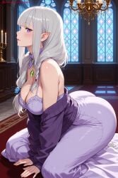 kiraamane ai_generated patreon seductive sexy uncensored watermark hi_res high_quality high_resolution emilia_(re:zero) pointy_ears breasts long_hair purple_eyes cleavage silver_hair 1girl bare_shoulders gem bangs indoors dress large_breasts elf looking_at_viewer white_dress solo braid pillow smile window ass on_bed jewelry sitting blush