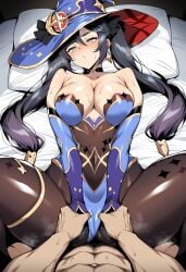 ai_generated novart01 1girl bed clothing female genshin_impact male mona_(genshin_impact) 1boy breasts headwear hat hetero twintails bodystocking witch_hat black_hair blush leotard long_hair lying black_gloves detached_sleeves gloves on_back blue_headwear blue_leotard bare_shoulders jewelry sex spread_legs large_breasts alternate_breast_size missionary bangs legwear pubic_hair clothing_aside looking_at_viewer earrings clothed_female_nude_male thighs sweat pillow star_earrings thighlet pantyhose elbow_gloves male_pubic_hair hat_ornament cleavage highleg_leotard highleg nude choker gold_trim covered_navel solo_focus clothed_sex green_eyes on_bed bed_sheet holding_another's_wrist leotard_aside penis star_(symbol) vaginal nipples star_choker pubic_hair_peek
