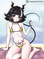 maggy_(maggys_basement) maggys_basement red_eyes black_hair pale_skin succubus succubus_horns succubus_tail horns tail goth gothic gothic_girl bikini summer sunscreen beach