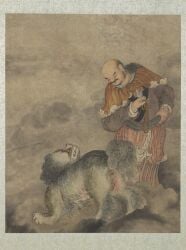 17th_century 5_fingers absurd_res ancient_art anus asian_clothing backsack balls beads beard buddhism cape chinese_clothing clothed clothed_human clothed_male clothing digitigrade duo ear_piercing ear_ring east_asian_clothing eye_contact facial_hair fangs felid feral fingers fog fur genitals hair hanfu hi_res holding_object human humanoid_hands lion looking_aside looking_at_another looking_down looking_down_at_another looking_up_at_another male male_feral male_human mammal mustache painting_(artwork) pantherine piercing prayer_beads quadruped raised_tail rear_view religion ring_piercing robe sash shaved_head simple_background smoke standing tail teeth traditional_media_(artwork) traditional_painting_(artwork) vajraputra yellow_sclera zheng_zhong