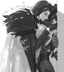 against_wall coat crying crying_while_penetrated fancy_clothing fully_clothed fully_clothed_sex genshin_impact greyscale hand_covering_mouth hetero implied_rape implied_sex pantalone_(genshin_impact) penetration_from_behind pinned_to_wall precum precum_drip rape rape_victim sex submissive_female yelan_(genshin_impact)