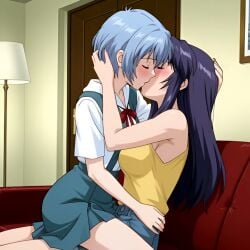 2girls ai_generated animated big_breasts blue-haired_female blue_hair blush closed_eyes cowgirl_position female female/female female_only kissing lesbian_kiss making_out misato_katsuragi multiple_girls music neon_genesis_evangelion purple-haired_female purple_hair rei_ayanami school_uniform short-haired_female short_hair small_breasts teenage_girl teenager video yuri